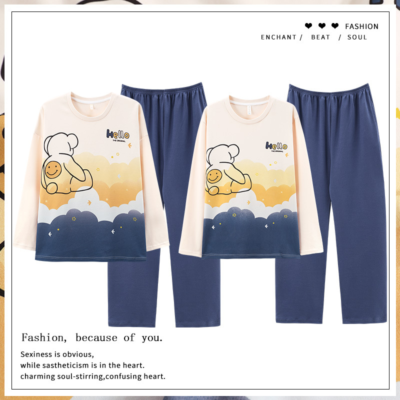 【100% 純綿】カップルパジャマ女性春と秋の綿100% 長袖セット男性ホームウェア可愛いアニメ