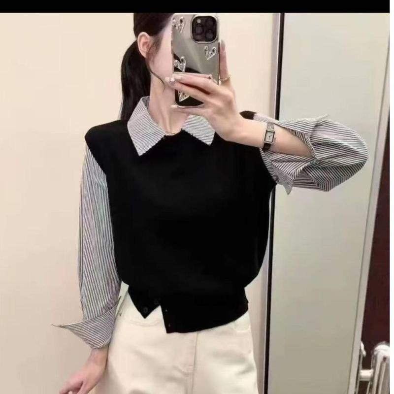 秋季新款法式拼接针织假两件条纹衬衫女装设计感长袖针织白色|undefined