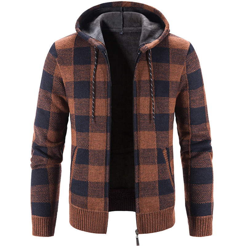 Nuevo cárdigan de hombre para otoño e invierno, suéter tejido grueso con capucha y cremallera, chaqueta a cuadros para hombre.