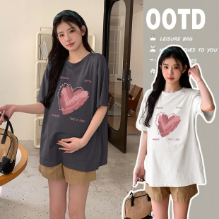 2024 New Summer Maternity Dress Korean Fashion Love Printed Loose plus size Crewneck Top Pregnant Women T-Shirt