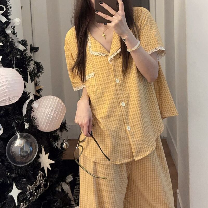 Yellow Plaid Pajamas for Women Summer New Wrinkled Cotton Short-Sleeved Pants Korean Style Ins Sweet Summer Home Wear Set Yellow Plaid Pajamas for Women Summer New Wrinkled Cotton Short-Sleeved Pants Korean Style Ins Sweet Summer Home Wear Set