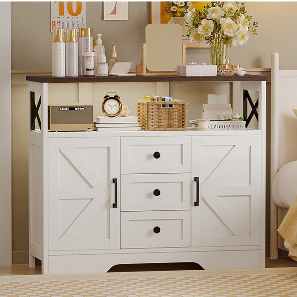 Modern Minimalist White Two Barn Door Three-Drawer Sideboard with Open Shelves for Storage and Top Load-Bearing Modern Minimalist White Two Barn Door Three-Drawer Sideboard with Open Shelves for Storage and Top Load-Bearing
