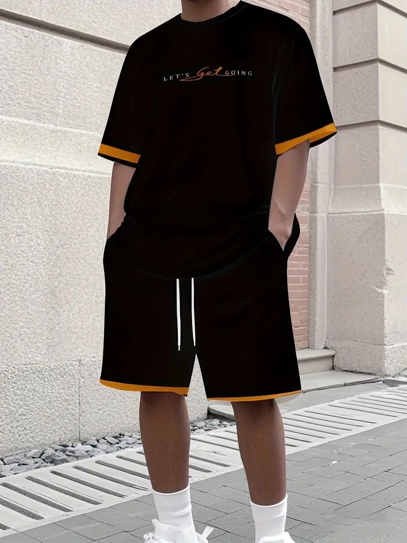 Men's Summer Gradient Letter 3D Digital Print T-Shirt And Shorts Set Trendy Casual Basic Comfortable Two-Piece Outfit_viptrois.com