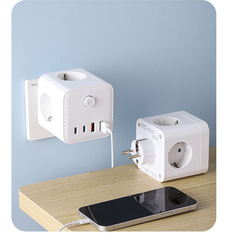 European Standard USB Cube Socket With Night Light/time Display/converter, Compact Multi-functional Power Strip For Home_voghion.com