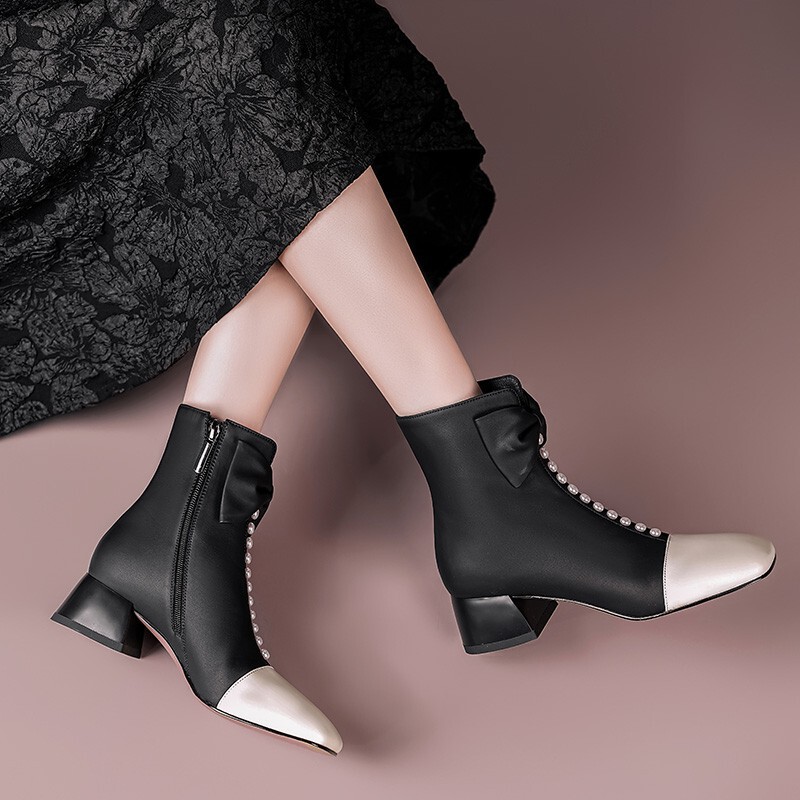 Autumn Soft Leather Bow Small Fragrance Color Matching Square Toe Short Boots Women's High Heels Thick Heels Slim Fairy Pink