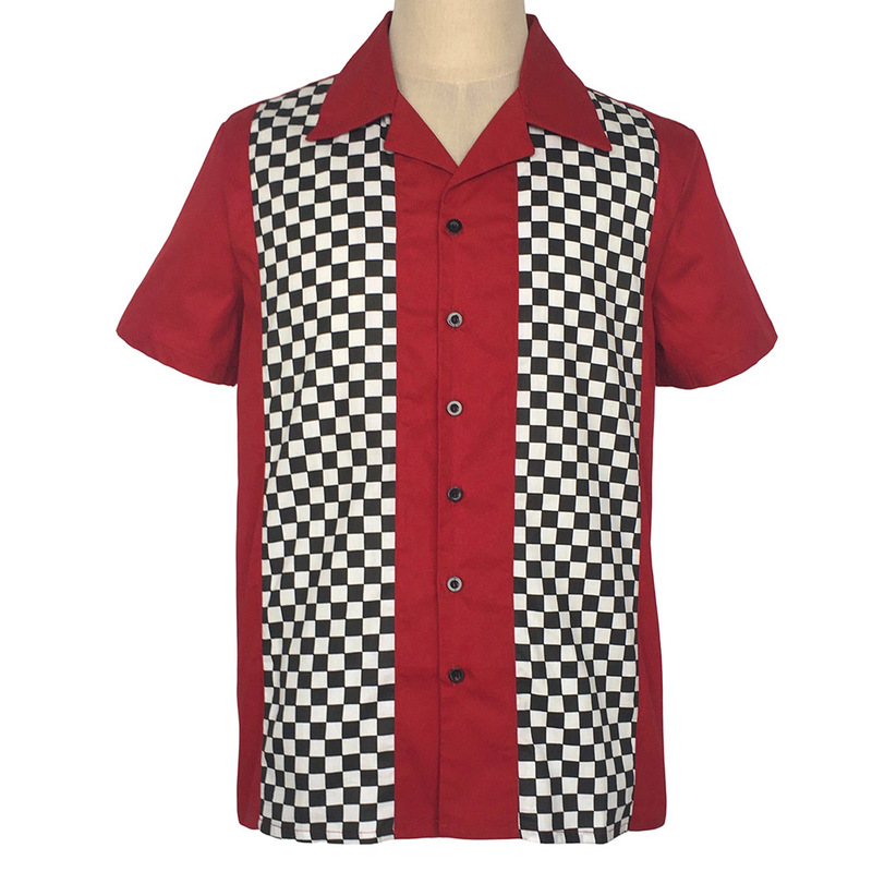 Retro plaid patchwork Cuban collar short-sleeve shirt, men's American bowling shirt, available in large sizes, wholesale