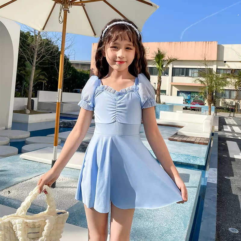 儿童泳衣女童中童小公主蕾丝连衣裙连体泳装小清新温泉高弹运动款