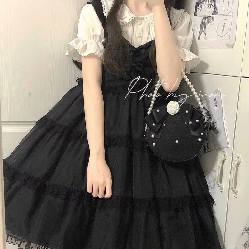 女子学生向けサマースーツ ベビードールカラーシャツ+かわいいリボン白メッシュサスペンダースカート 2点セット/単品|undefined