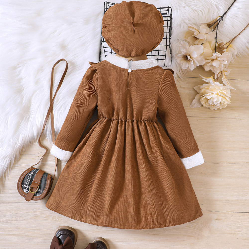 EW Children's Clothing New Product for Girls Autumn and Winter, Corduroy Plush Ruffle Edge Dress Q1446-C_voghion.com