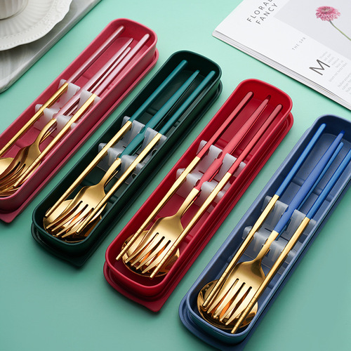 Stainless steel convenient tableware set Selected Portuguese fork, spoon and chopsticks three-piece set outdoor camping and picnic tools