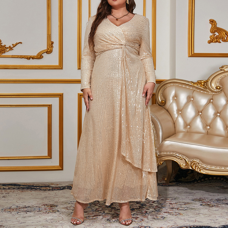 New Fashion Elegant Elegant Solid Color Sequin Long Sleeve V-Neck Slim-Fit Banquet Ladies Evening Dress