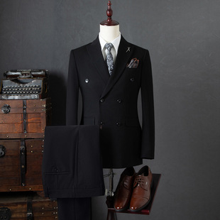 Men's Suit Wedding Double-Breasted British Style Lapel Collar Groom Engagement Slim Fit Striped Formal Suit