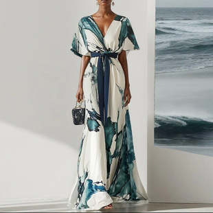 2025 European and American Fashion Amazon Independent Site V Neck Digital Printing Thin Rope Short-Sleeved Dress Long Skirt