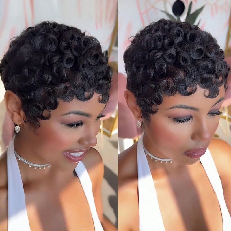 Real human hair wig, fully machine-made, curly short hair, glue-free, European and American cross-border wholesale, in stock, pixie cut wig