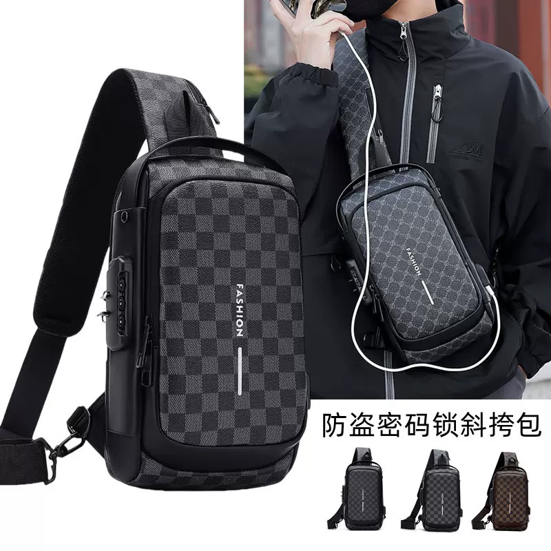 跨境防盗胸包机车密码锁男士单肩包时尚格子休闲运动多功能斜挎包