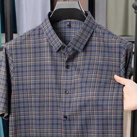 跨境翻领格子衬衫夏季新款商务休闲男士短袖薄款衬衣上衣男装代发