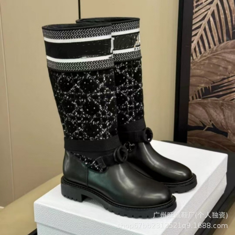 高定 易梦玲同款长筒靴刺绣卡其色不过膝真皮复古拼色D家骑士靴女|undefined