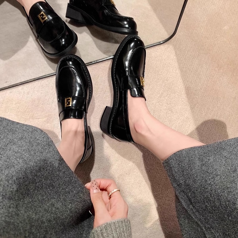 香港金扣厚底小皮鞋女2025秋冬季新款英伦风内增高真皮乐福鞋加绒|undefined