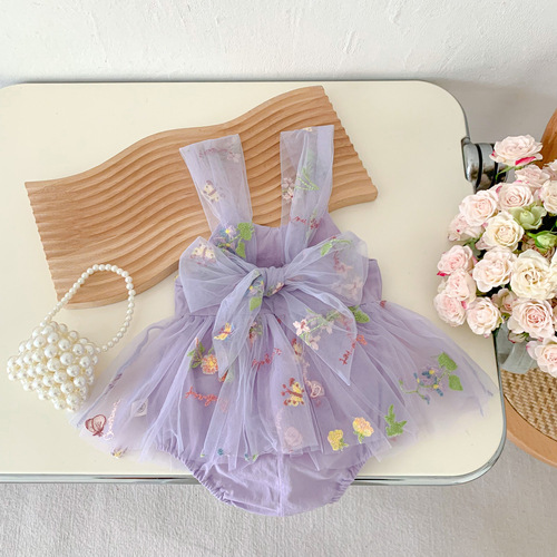  Girls Korean Style Suspender Jumpsuit Infant and Toddler Embroidered Cover Butt Mesh Princess Dress Newborn Hundred Days Dress
