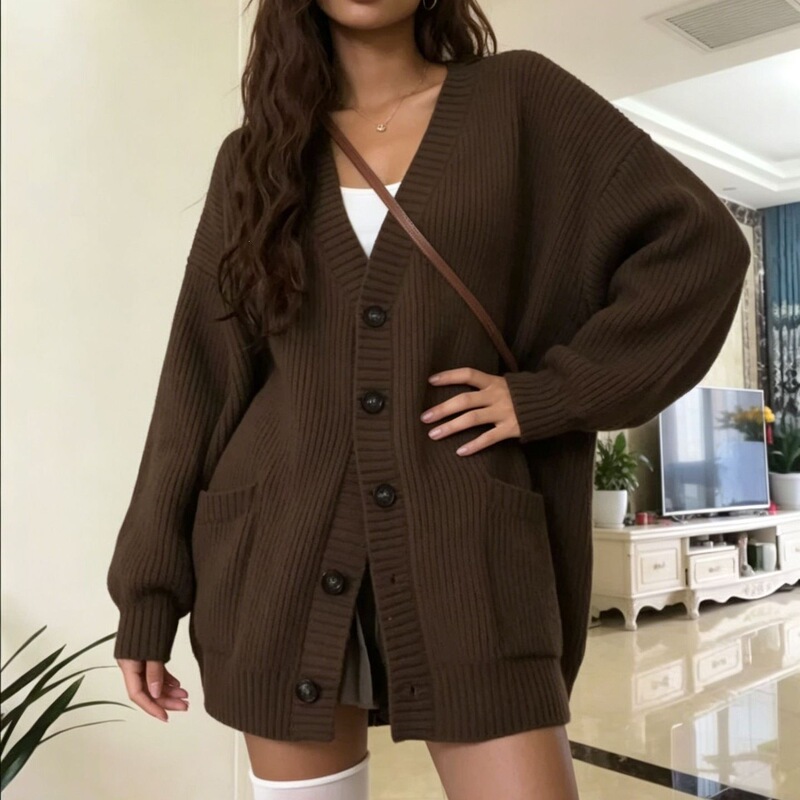 Large Size Mid-Length Casual Knit Cardigan, Solid Color, Thick Vertical Stripes, V-Neck, Single-Breasted, Lazy Style, Hip-Covering, Women's Fashion, Cross-Border
