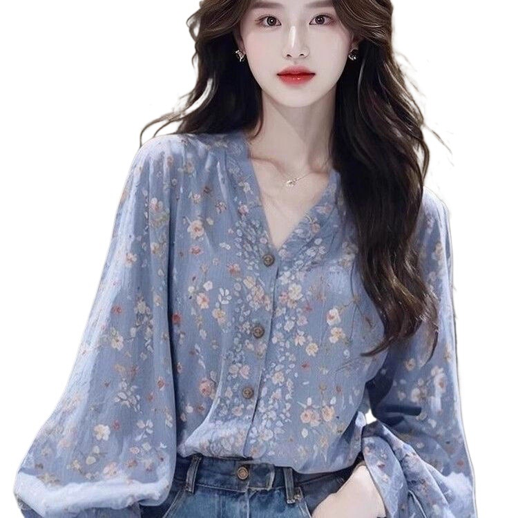 法式初秋绝美独特淑女气质森系蓝色碎花长袖衬衫上衣慵懒宽松外穿|undefined