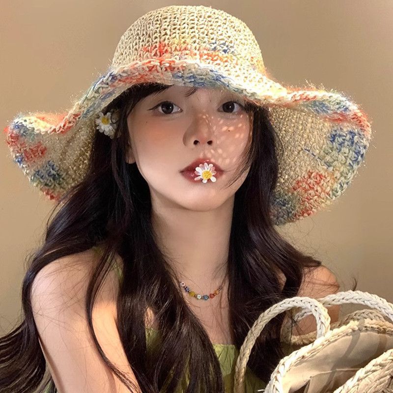 彩色编织草帽女夏季海边度假遮阳防晒帽透气镂空大帽檐显脸小帽子|undefined