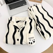 情侣款条纹睡衣女秋冬季2024新款珊瑚绒加厚加绒法兰绒家居服套装