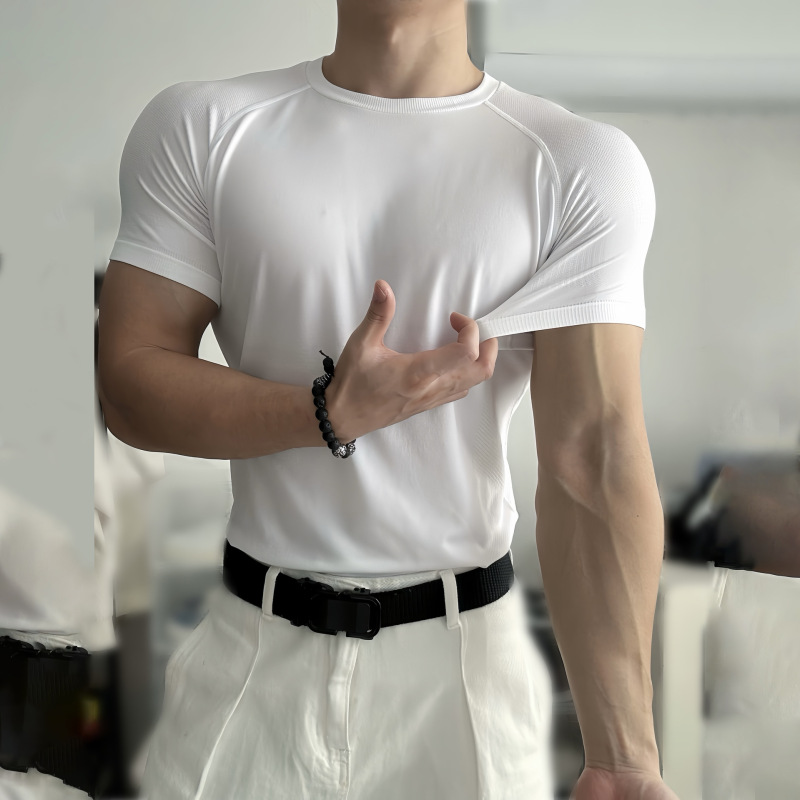 サマースポーツシームレスジャカード袖口半袖無地速乾トレーニングフィットネスストレッチスリムトップTシャツ男性用|undefined
