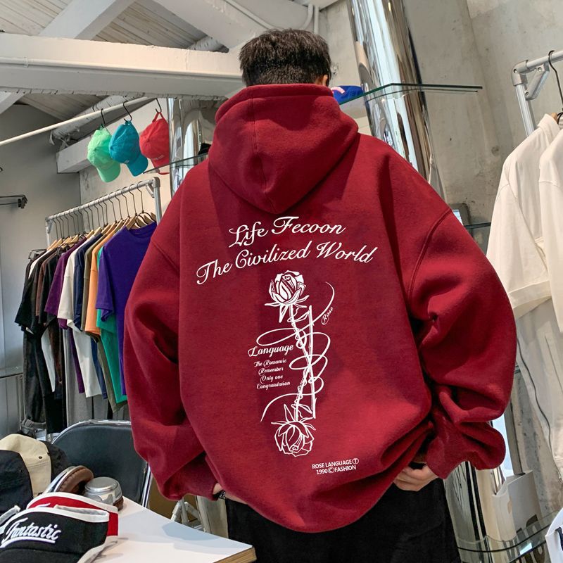 Primavera y otoño vino rojo americano retro Rosa impresión suéter con capucha niños Otoño e Invierno Polar-forrado moda marca abrigo pesado