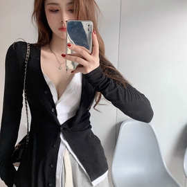 实拍 假两件拼接长袖T恤女装早秋新款内搭修身弹力打底衫上衣女