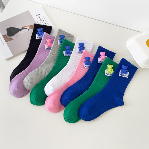 Spring and Autumn Japanese style men's and women's same style with cloth label bear outer wear couple's sports trendy socks macaron color mid-calf cotton socks