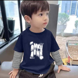 春秋童装新款男宝宝中大童卡通印花假两件长袖上衣T恤打底衫潮