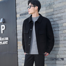 秋冬男士双面尼韩版100羊毛呢子外套宽松翻领夹克领短款羊毛大衣