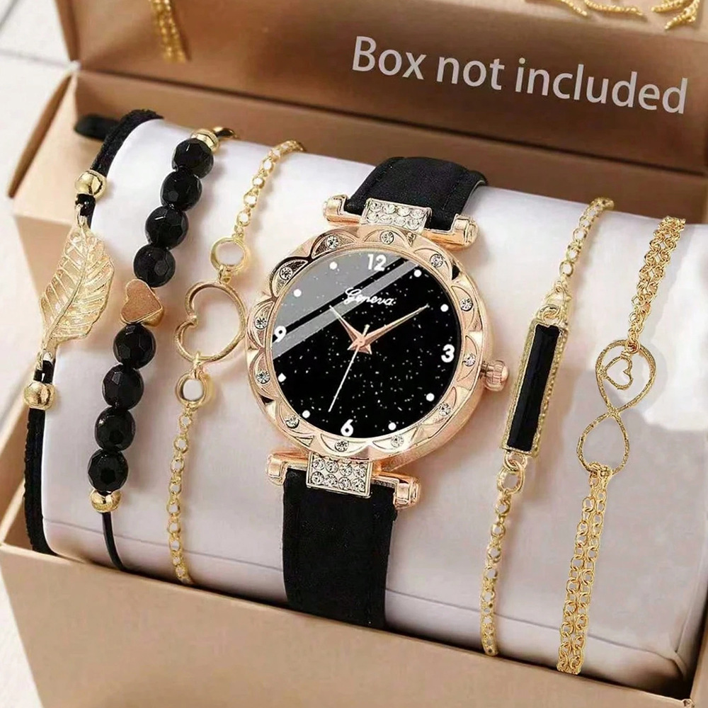 Cross-Border Export Watch Women's Accessible Luxury Niche Diamond Dial Quartz Watch Pu Leather Strap Watch Bracelet Set