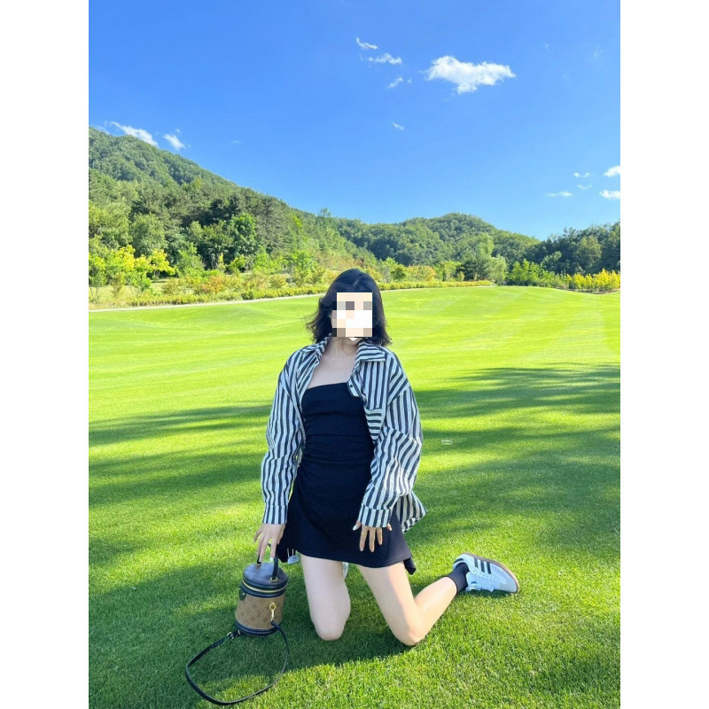 开春季网红炸街减龄绝美法式条纹衬衫配抹胸连衣裙两件套装女|undefined