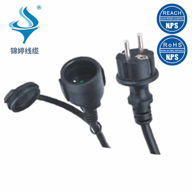 供应欧式三芯防水插头橡胶电源线 VDE认证欧标三极公母插头延长线