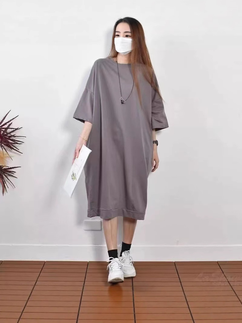 长款过膝休闲半袖连衣裙子2025新款夏季宽松韩版大版t恤女休闲风