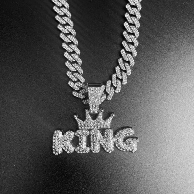 Pendentif KING en diamants serti sur une chaîne cubaine, style hip-hop européen-américain, pour homme et femme. Bijou unisexe._voghion.com