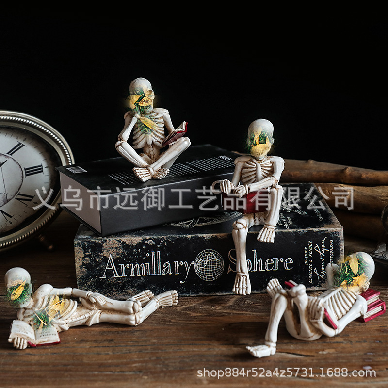 Cross-Border New Product Skull Character Reading Book Halloween Props Decoration Bar Haunted House Secret Room Layout Resin Ornaments