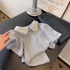 チャオ級はきれいですねグレーPolo襟半袖上着女性2025年春夏小柄シンプルで痩せたtシャツ