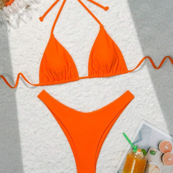 European and American Cross-Border Amazon Solid Color Nylon Bikini Swimsuit, Feminine Tight-Fitting Backless Two-Piece High-End Swimwear