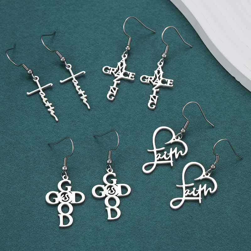Holiday, Daily Occasion 1 Pair Vintage Style Cross Heart Shape Polishing 201 Stainless Steel Drop Earrings