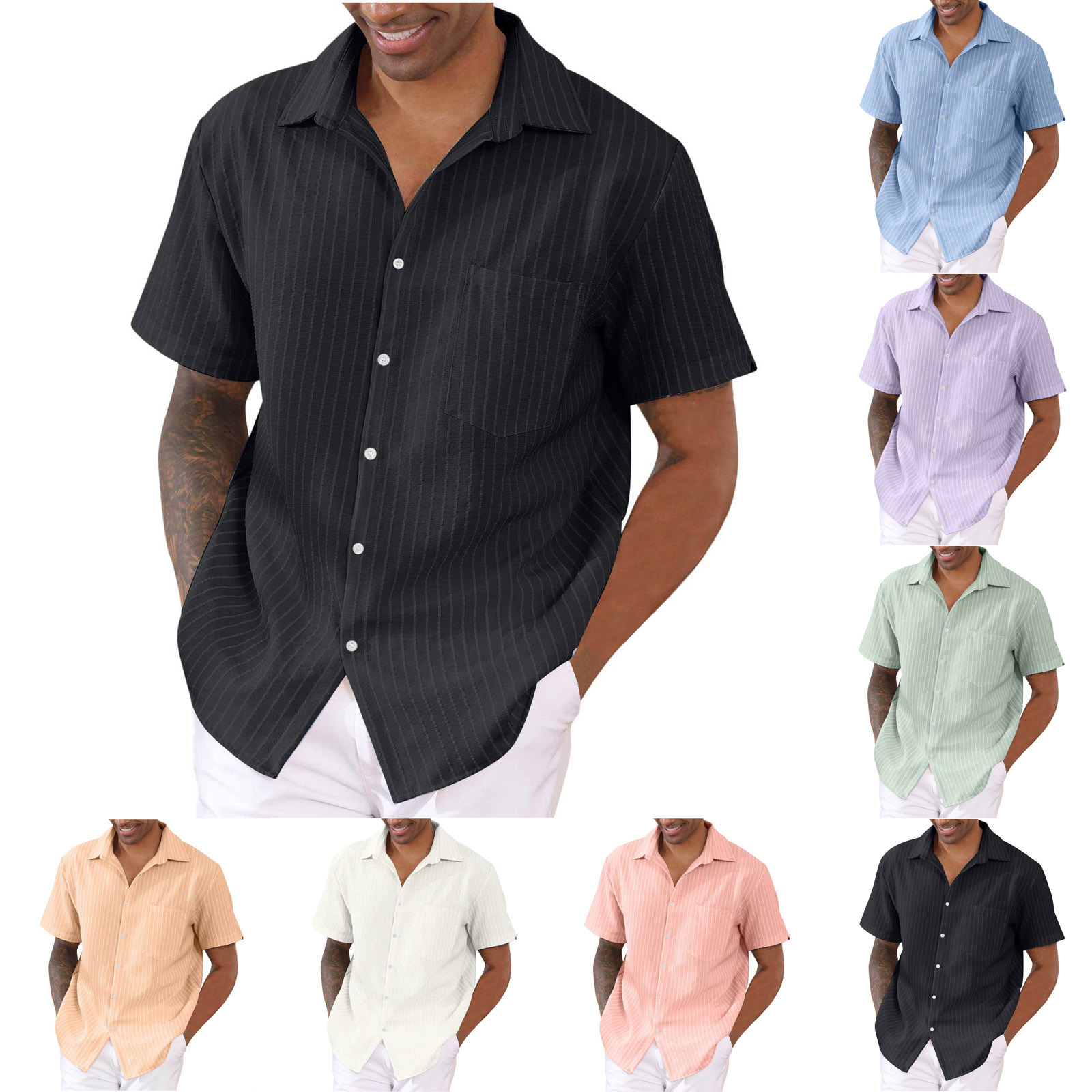 New Arrival 2023 Summer British Shirt Men's Striped Collage Cardigan Short Sleeve Fashionable Urban Lapel Men's Shirt