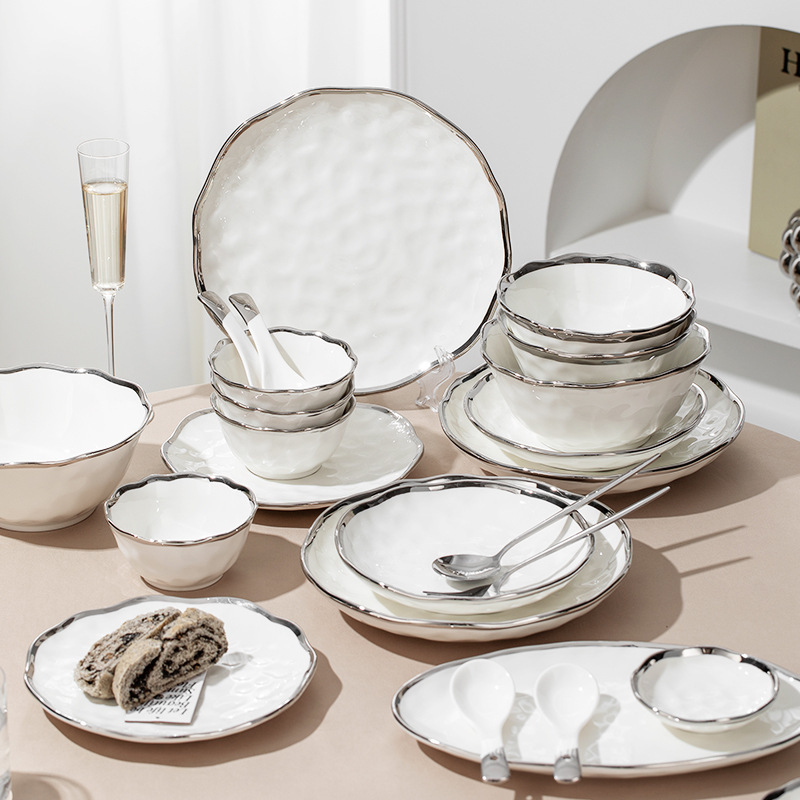 Plate and Dish Set 2023 New Good-looking Bowl and Chopsticks Silver Edge Rice Bowl Soup High Yan Value Bowl and Dish Combination Tableware Plate and Dish Set 2023 New Good-looking Bowl and Chopsticks Silver Edge Rice Bowl Soup High Yan Value Bowl and Dish Combination Tableware