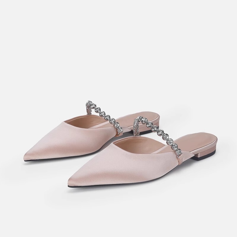 Ready in Stock ~ Summer Outer Wear Silver Baotou Mule Flats-Soled High-Bottom Sandals and Slippers Pointed-Toe French Half-Cup Shoes for Women