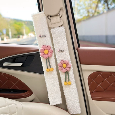 Seat belt shoulder pad — Made of Lamb Wool, Non-Tightening, Non-Shedding - pink-waffle-sunflower-white-lambswool-shoulder-pads-49cm-pair