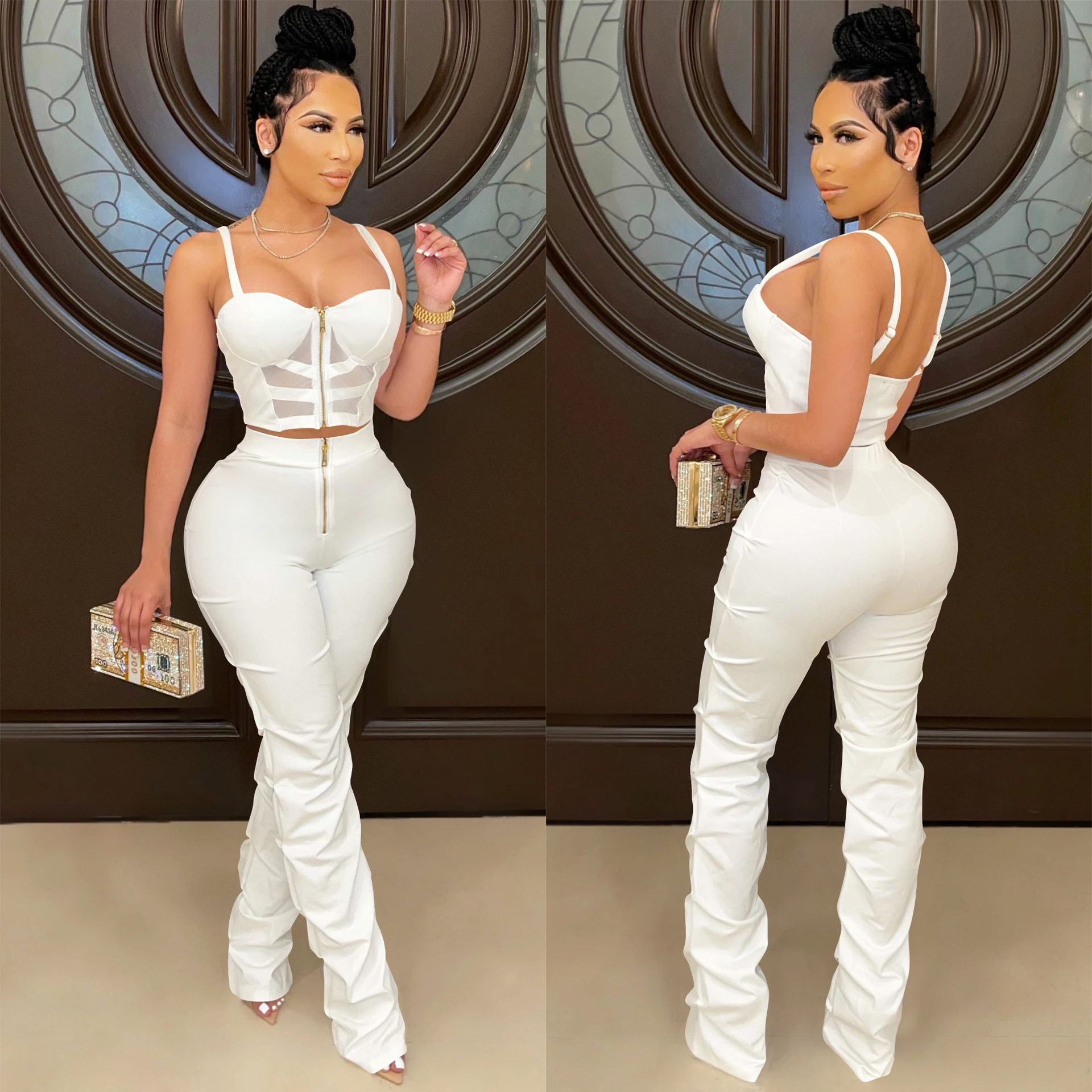 X5215 AliExpress Amazon Ebay color sólido sexy camisola de las mujeres envuelto pecho cremallera chaleco pantalones de dos piezas conjunto