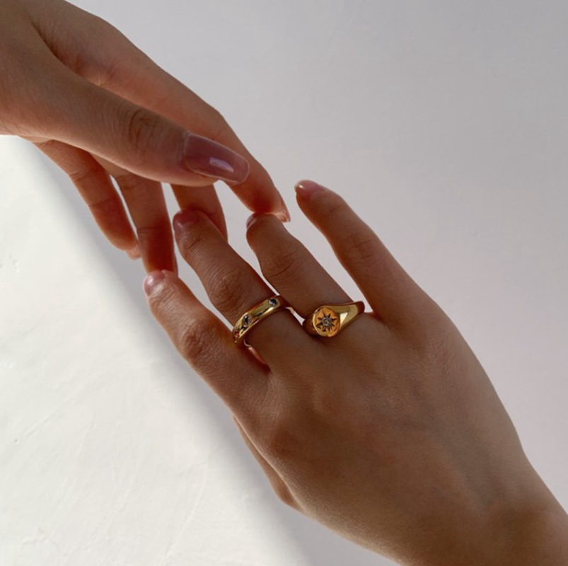 Birthday Occasion Brass Plated Fashionable Retro Micro-encrusted Zircon Glossy Rough Gold Copper Ring Stacking