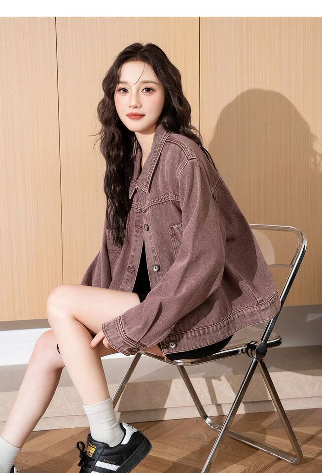 Áo khoác denim nữ cổ bẻ dáng rộng phong cách retro, giặt mài, dài tay, dáng ngắn — Màu tím chi tiết 3