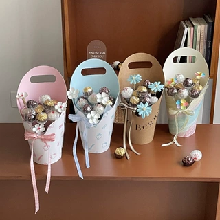 教师节花束包装盒鲜花手提袋圆形小花盒花筒折叠手拎DIY插花袋